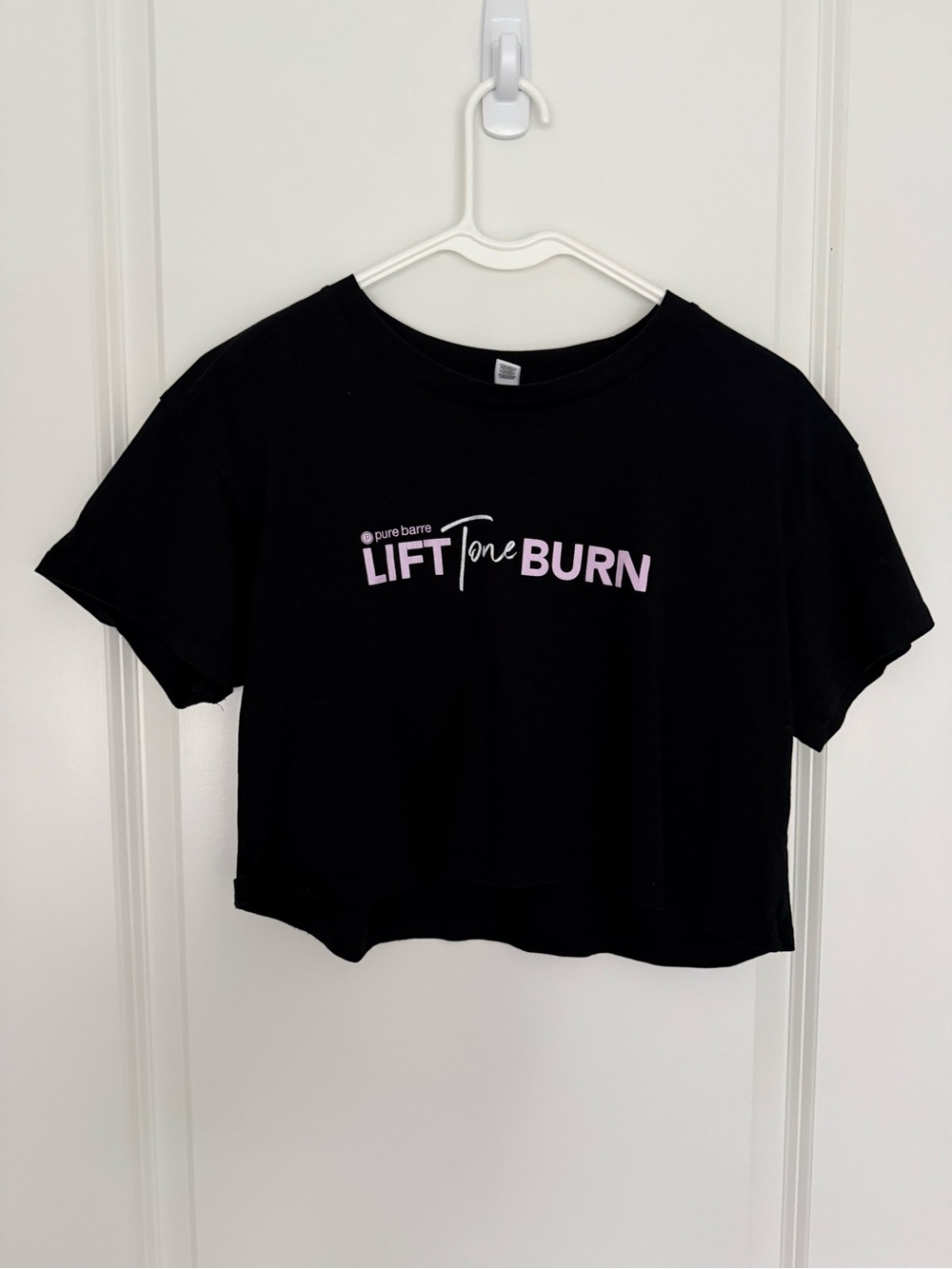 Pure Barre Black Crop Tee with Pink "Lift Tone Burn" Logo Small